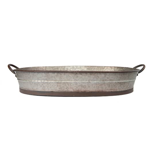 Hello Honey® 34'' Gray Oval Distressed Galvanized Metal Tray with Handles